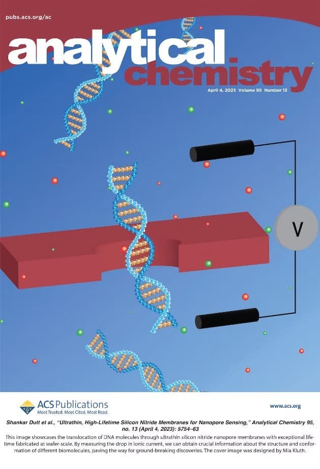 Cover of Analytical Chemistry, volume 95, number 13, 4 April 2023: DNA strands passing through a pore in a thin membrane between two electrodes.