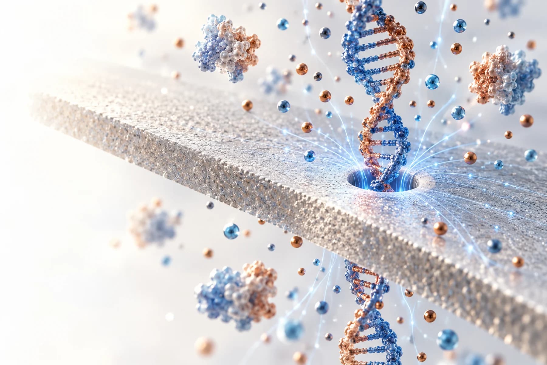 Conceptual illustration of DNA passing through a solid-state nanopore, surrounded by ions and proteins